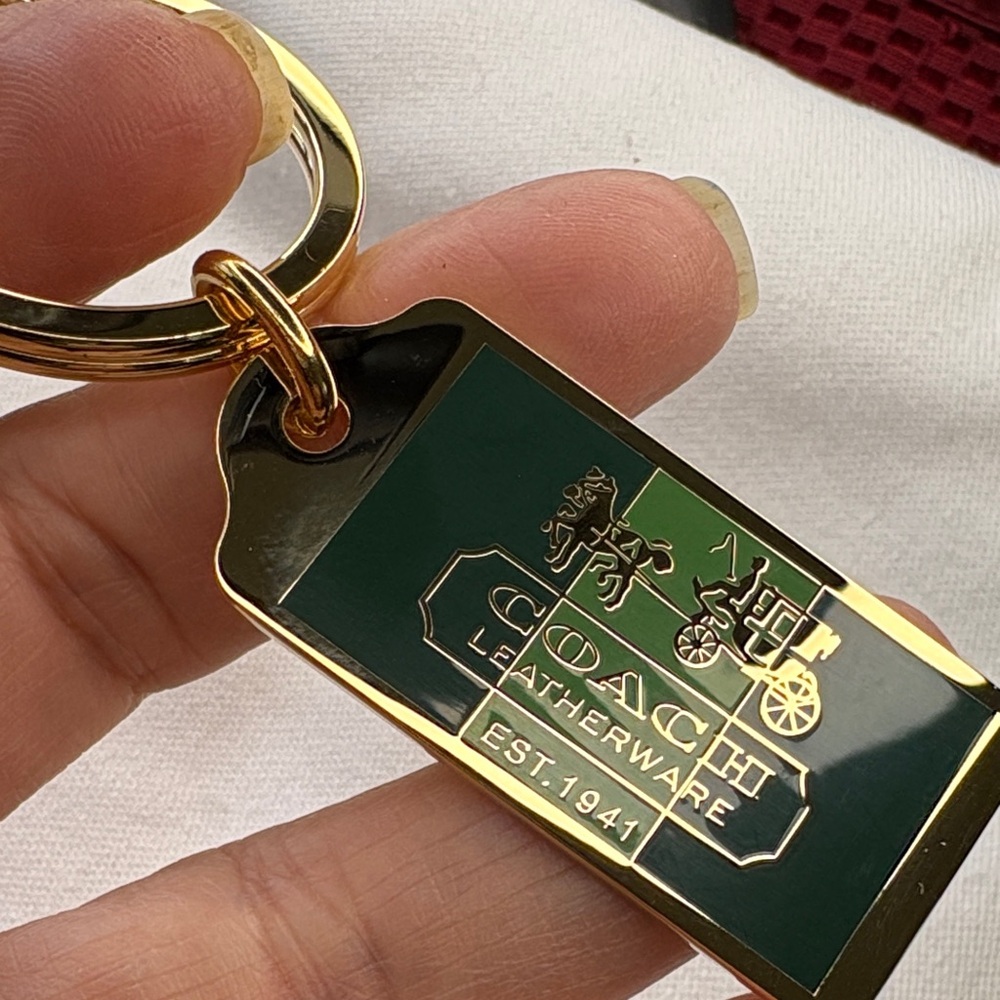 Coach Dark Green & Gold Leatherware Key Tag Keyring
